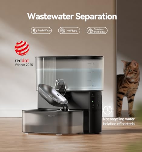 Wireless Cat Water Fountain No Filters, Wastewater Separation, FEELNEEDY Stainless Steel Bowl, 3.5L Pet Water Fountain for