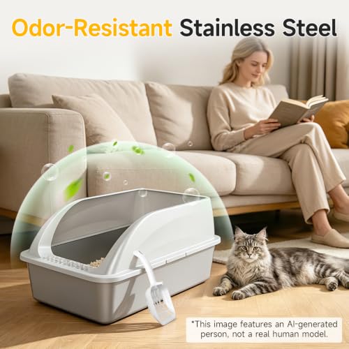 XL Open Top Stainless Steel Litter Box with High Sides,Light Gray — product image 7