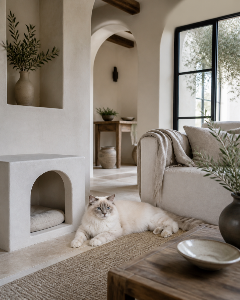 A cream long-haired Ragdoll in a calm Mediterranean living room.