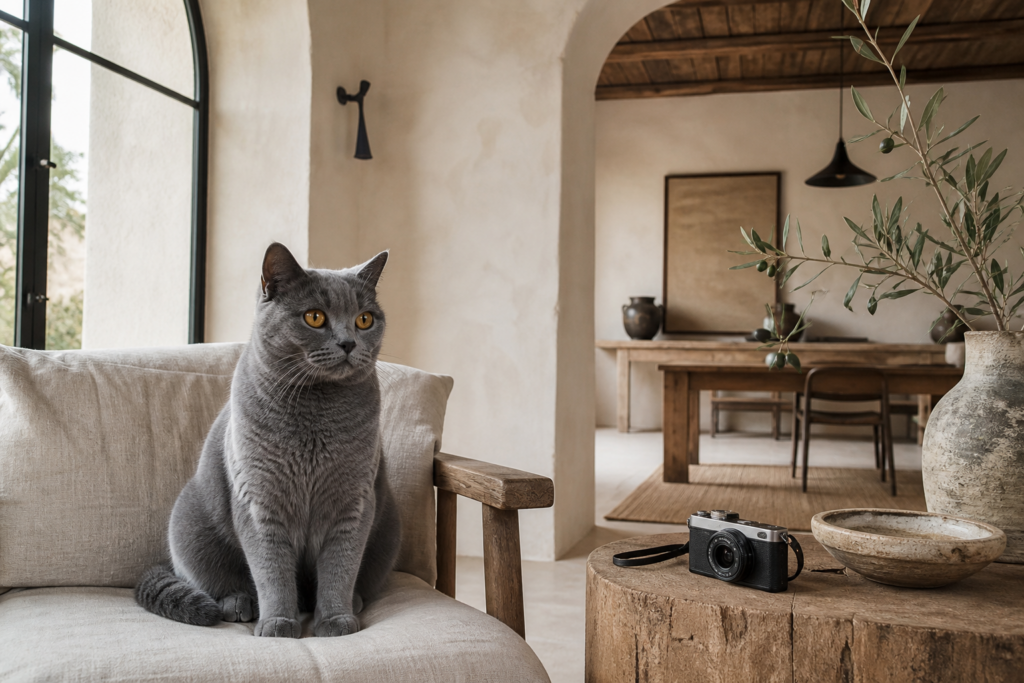 A blue-gray British Shorthair in soft window light.