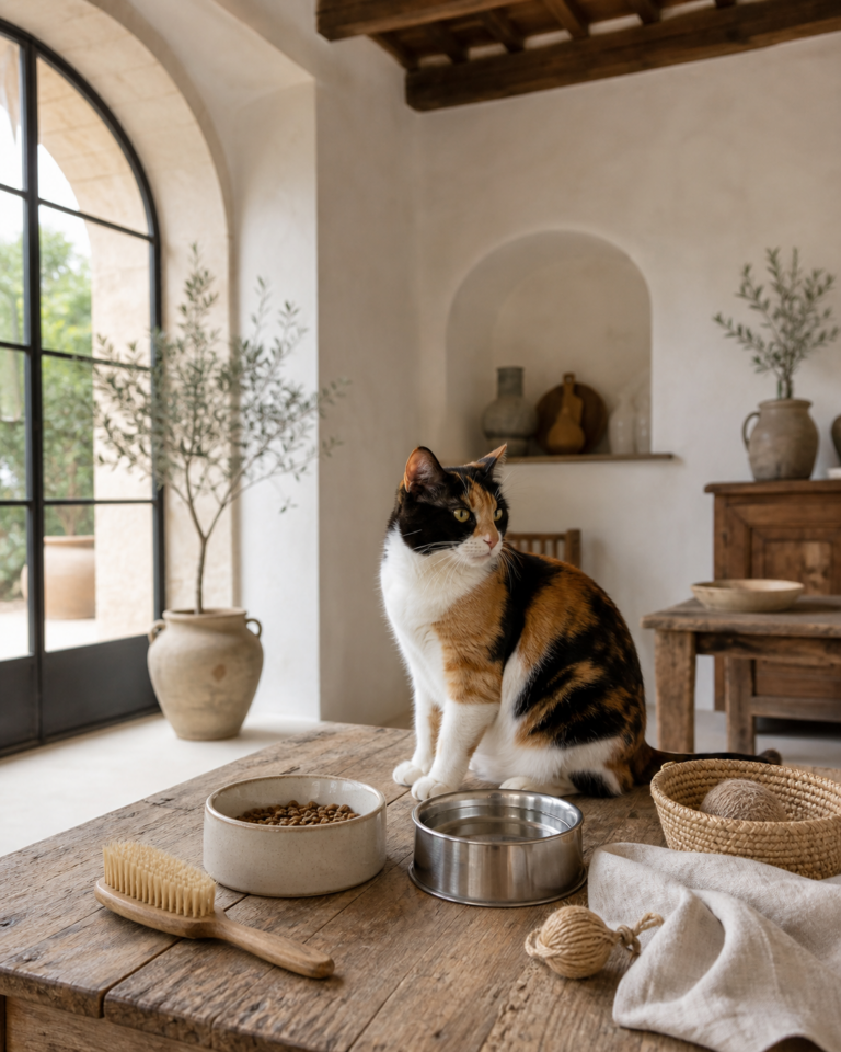 A calico cat beside a restrained edit of cat-home objects.