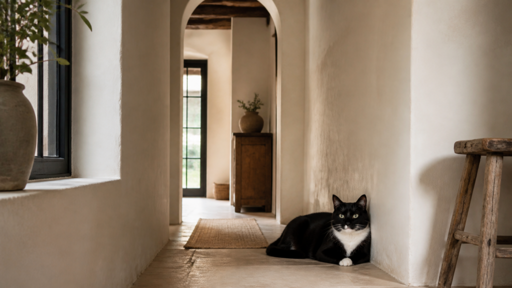 A black-and-white tuxedo shorthair resting in a quiet Mediterranean hallway corner.