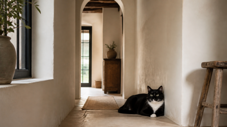 A black-and-white tuxedo shorthair resting in a quiet Mediterranean hallway corner.