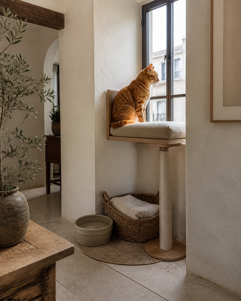 A ginger tabby using a compact window perch.