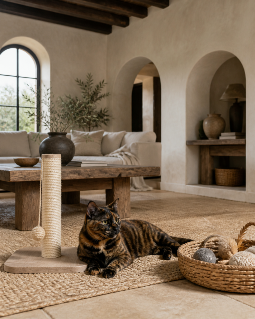 A tortoiseshell cat beside a minimal scratcher in a calm living room.
