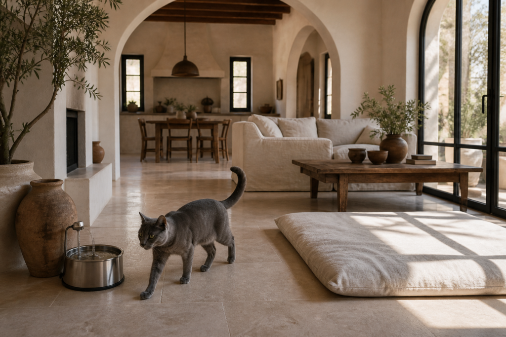 A Russian Blue walking through a calm cat-friendly living space.