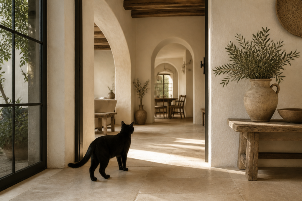 A solid black cat choosing a sunny Mediterranean threshold.