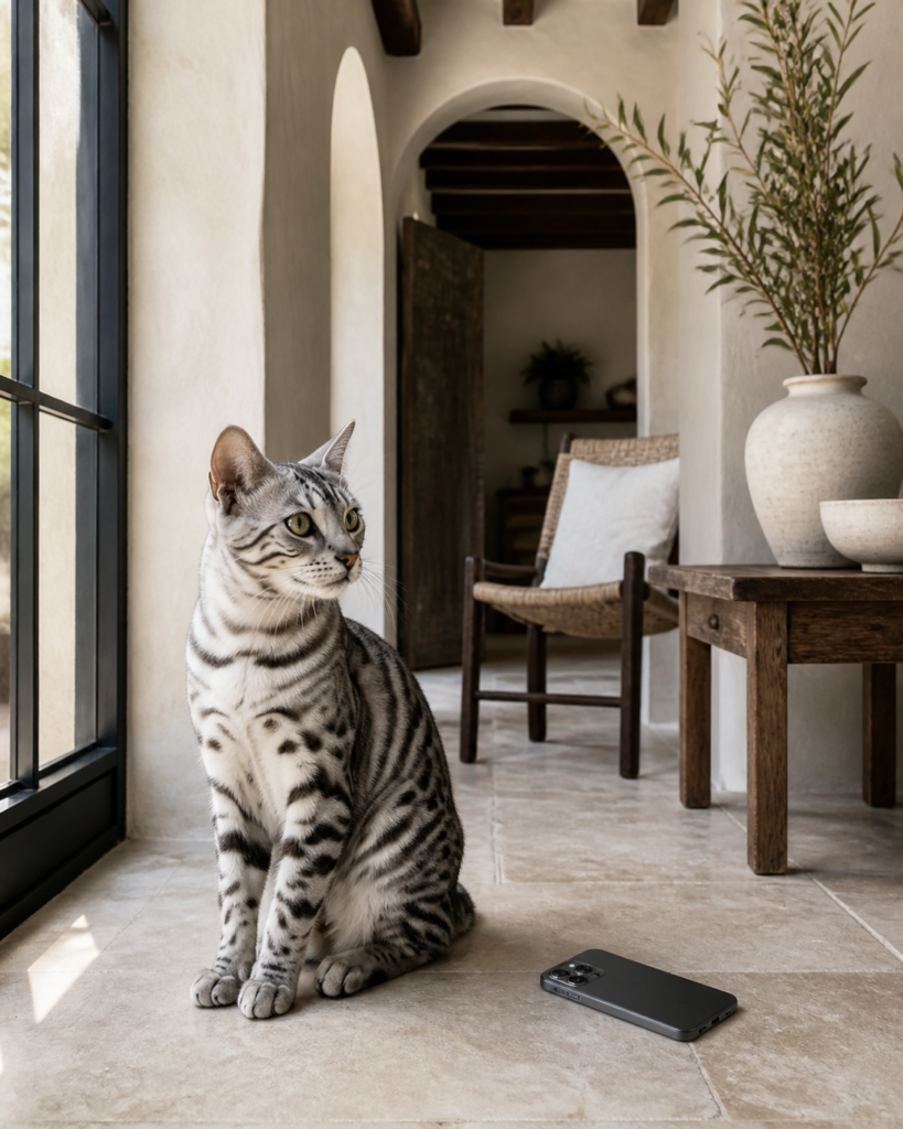 A silver Bengal beside a phone camera in window light.
