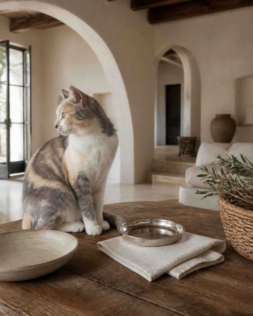 A dilute calico beside edited cat-home products.