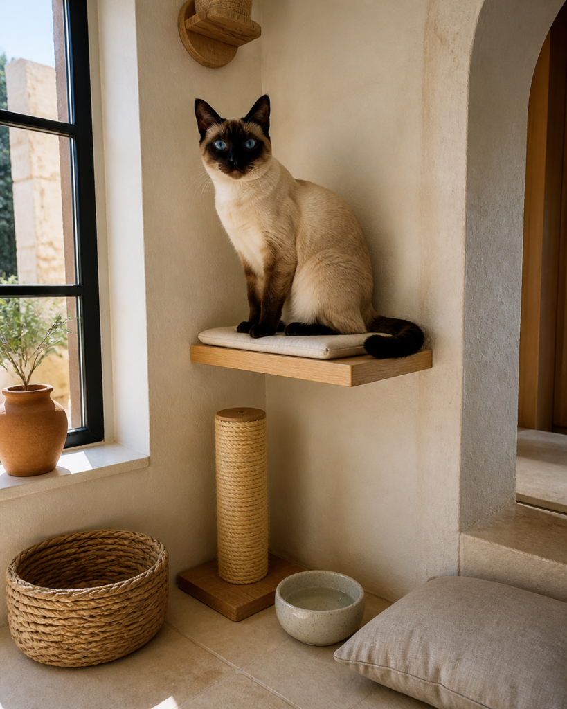 A seal-point Siamese on a compact cat perch.