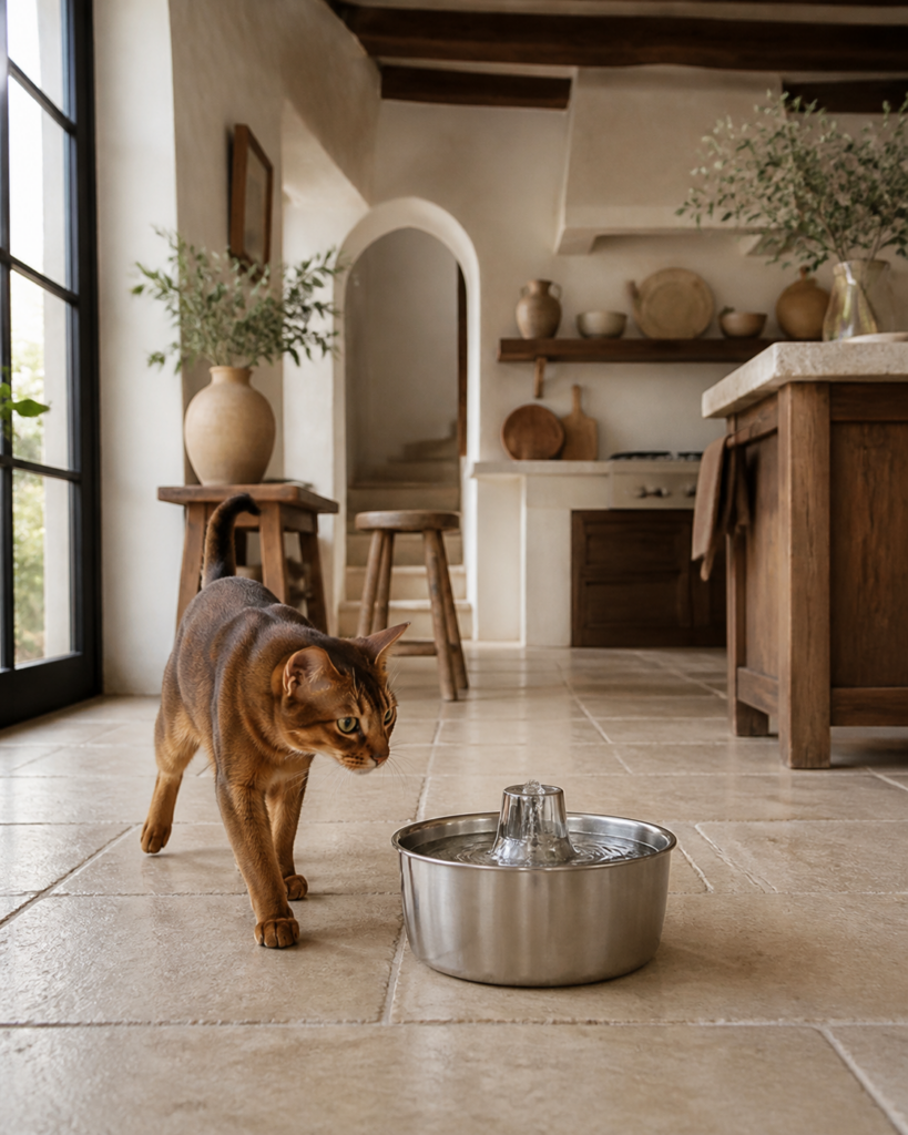 A ruddy Abyssinian approaching a stainless cat fountain.