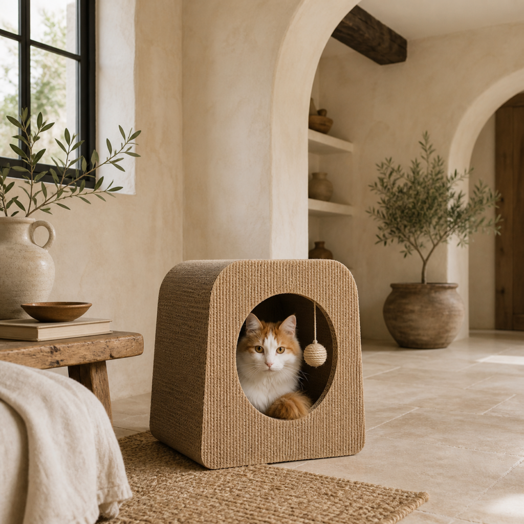 A Turkish Van peeking from a corrugated scratcher house.