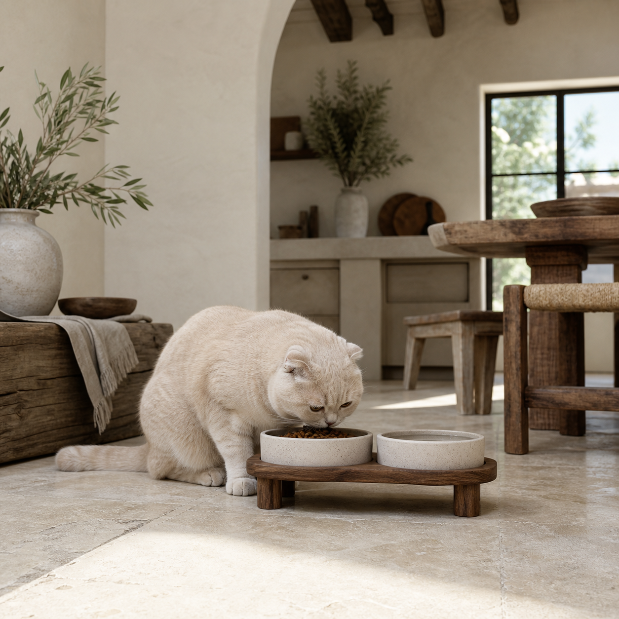 Elevated ceramic double cat bowl set on a simple wooden stand