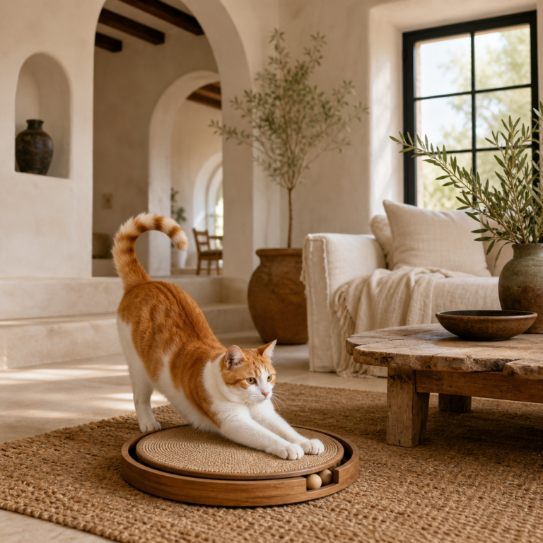 An orange-and-white cat using a sisal scratching pad.