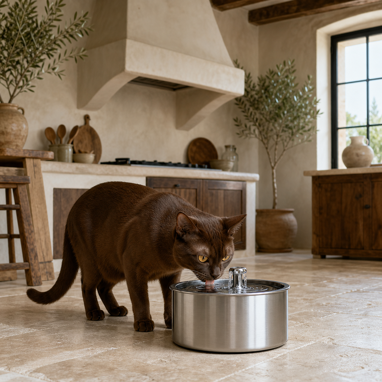 Stainless steel cat water fountain with flowing water in a clean home setting