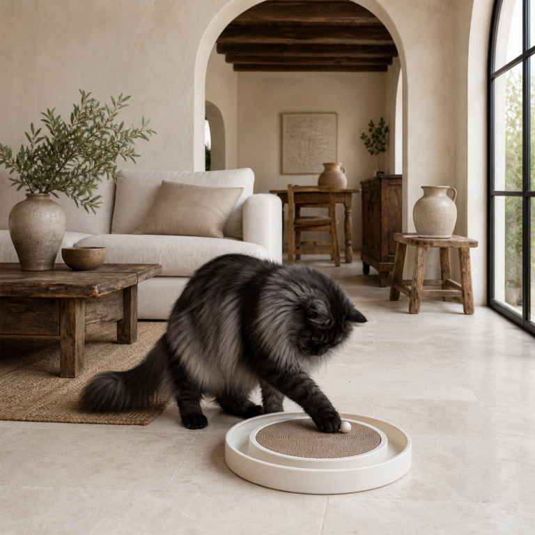 A black smoke longhair playing with a three-in-one scratcher toy.