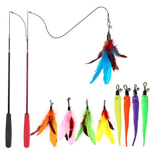 feather wand cat toy set with retractable handles and colorful lure refills product image 2