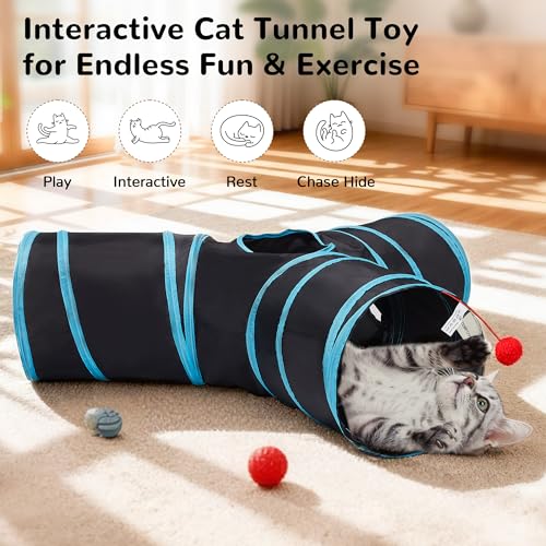 three way collapsible cat tunnel with peek hole and hanging toy for indoor cats product image 4