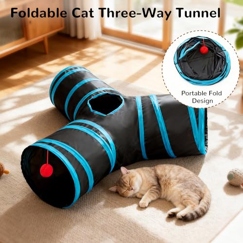 three way collapsible cat tunnel with peek hole and hanging toy for indoor cats product image 7