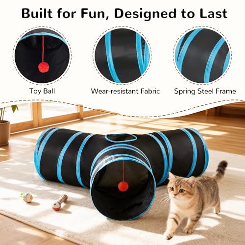 three way collapsible cat tunnel with peek hole and hanging toy for indoor cats product image 6