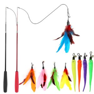 feather wand cat toy set with retractable handles and colorful lure refills