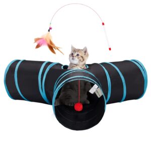 three way collapsible cat tunnel with peek hole and hanging toy for indoor cats